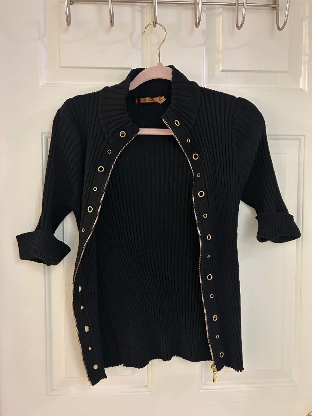 Belldini Black Ribbed Zip Front Grommet Cardigan Sweater XL Gold Hardware